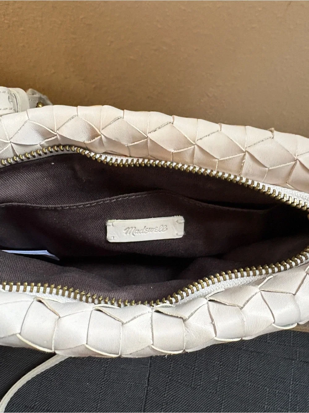 Madewell Cream Woven Leather Crossbody with Brass Hardware